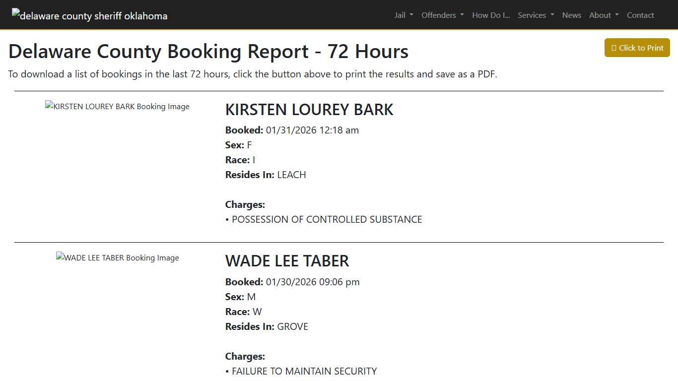 72 Hour Booking Report Delaware County Sheriff's Office